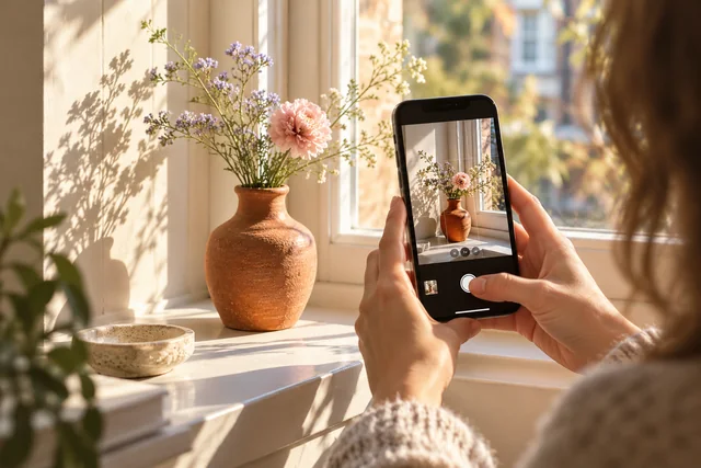 Een vaas bloemen fotograferen met een iPhone bij het raam
